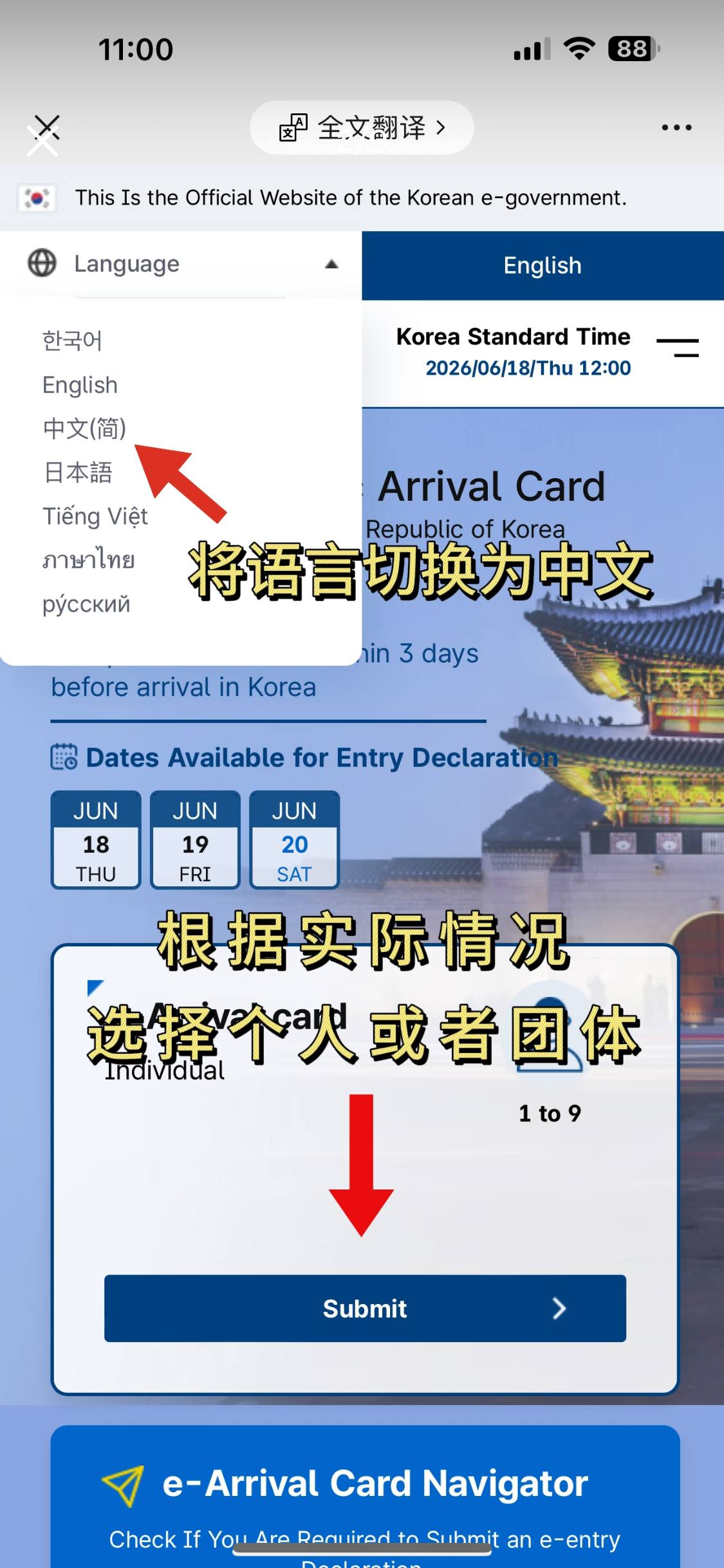 电子入境卡切换中文并提交